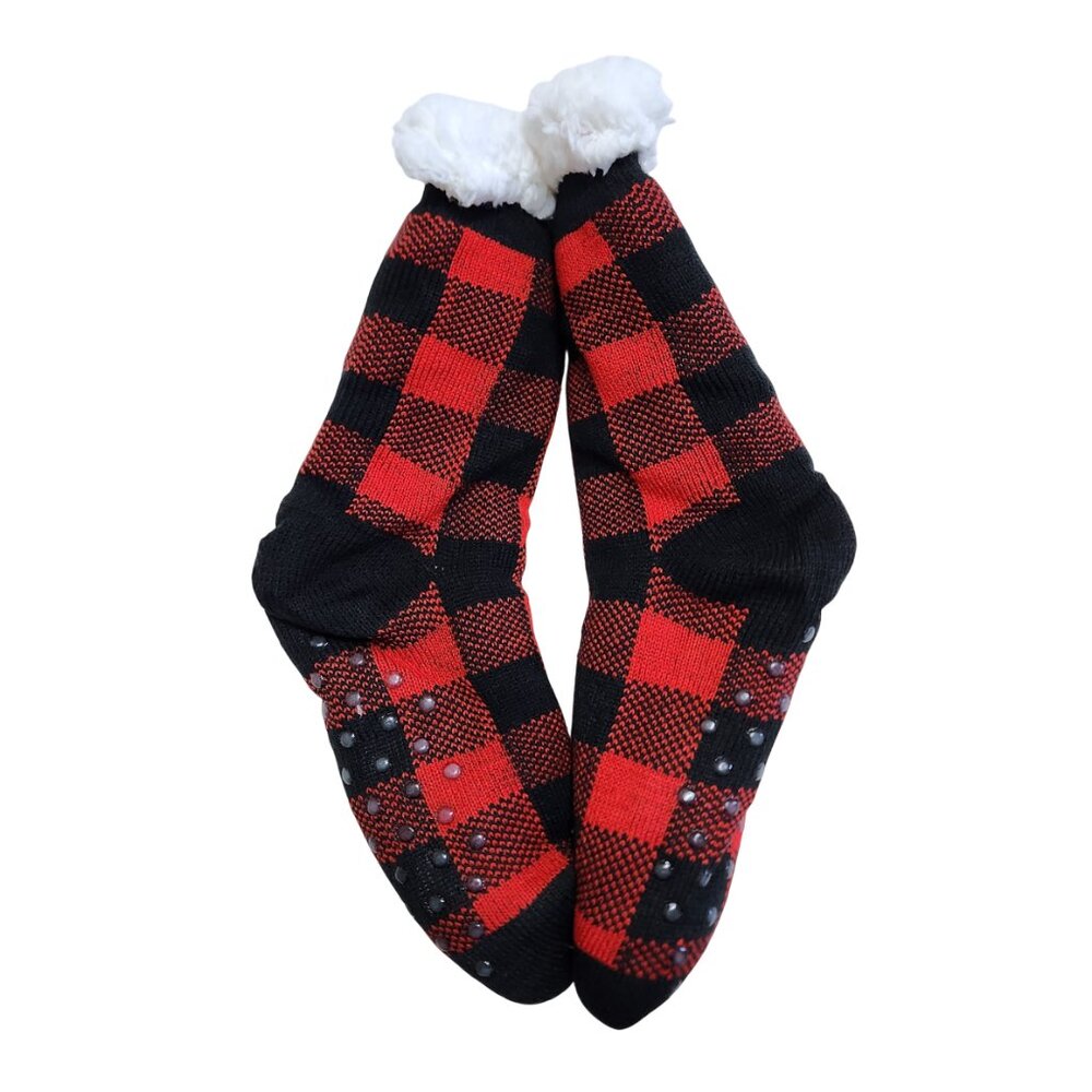 NEW Heavyweight Gripper Slipper Socks Buffalo  Plaid Red & Black Women's One Sz
